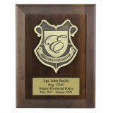 7 by 9 walnut rectangle plaque with beveled edge, crest, and plate