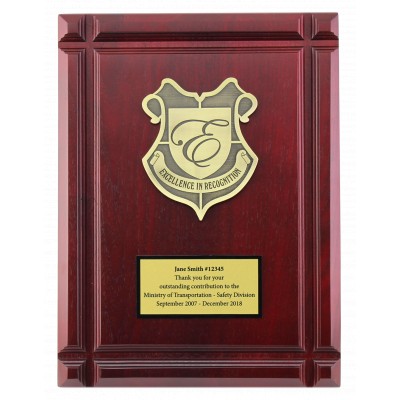 9 by 12 rosewood finish plaque with deep cut boarder.  Includes Crest and Sublimated plate.