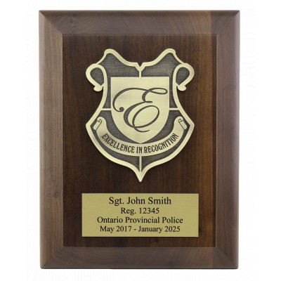 7 by 9 walnut rectangle plaque with beveled edge, crest, and plate