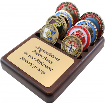 Challenge Coins in a 4 slot holder & Gold Sublimated Plate