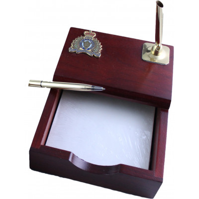 Rosewood Paper memo holder with pewter crest and gold toned Pen holder, Pen included.
