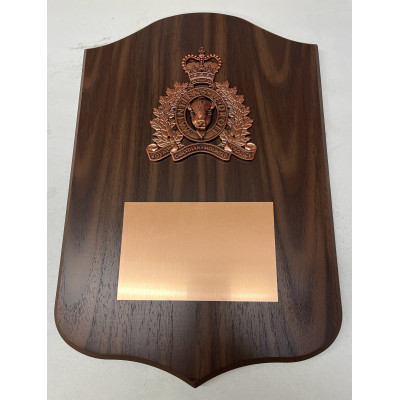 LIMITED QUANTITIES AVAILABLE!    10x15 Walnut Finished Shield Plaque With an Antique Copper RCMP Crest
