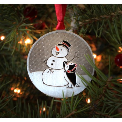 Penguin Building a Snowman Christmas Ornament